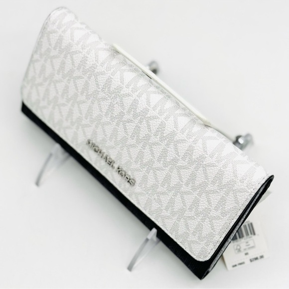 Michael Kors Jet Set Large Signature Logo TriFold Wallet Optic White Multi - Picture 6 of 10